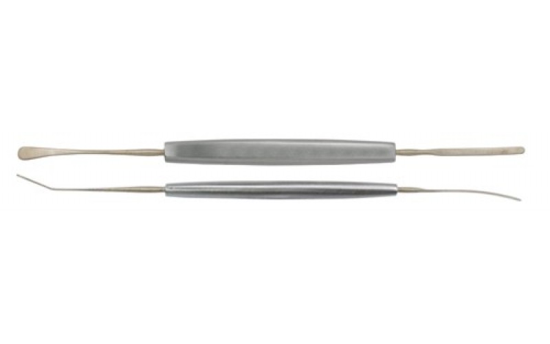 18-564  CASTROVIEJO Spatula, 5-1/2", double end 3.5 mm wide angled & 2 mm wide slightly curved, sterling.