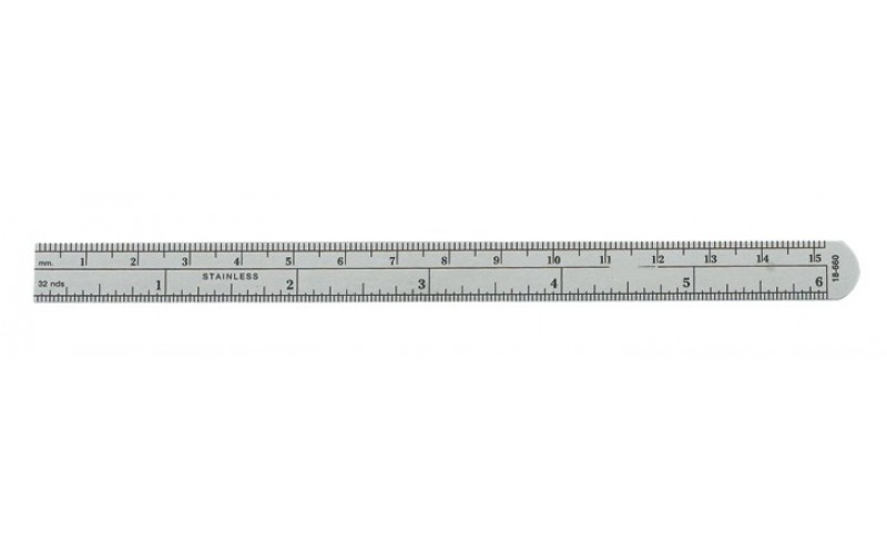 18-660  Flexible stainless Ruler 6" (15.2 cm) X 1/2" (1.3 cm), graduated in 1/32" (0.8 mm) fractions & mm.
